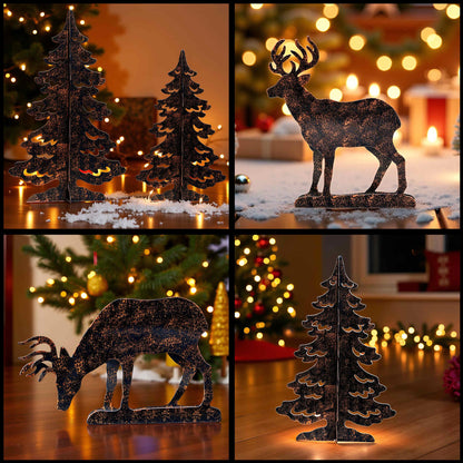 YULETIME 4-Piece Metal Christmas Reindeer and Tree Scene Silhouette Set, Winter Forest Deer & Spruce Landscape Holiday Tabletop Ornament
