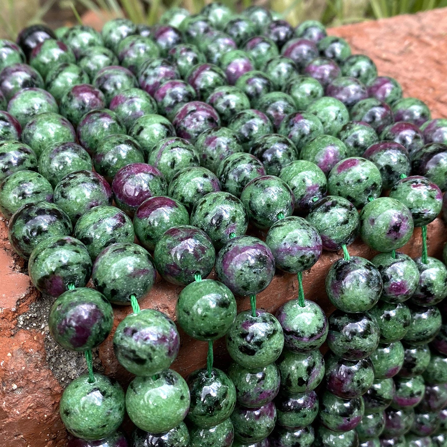 ABCGEMS Tanzania Darkest Ruby in Zoisite Beads - AAA (Occasional Red Ruby Inclusions & Intense Green Zoisite) Healing Energy DIY Jewelry Making Smooth Round 10mm