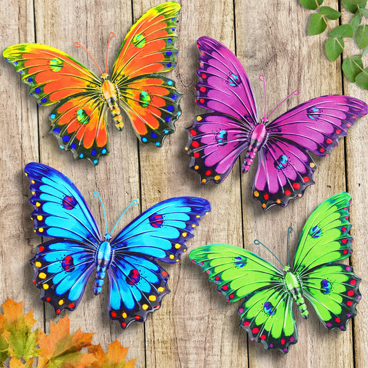 ULENDIS Metal Butterfly Wall Decor, 9.6" 3D Outdoor Fence Wall Art Decor, Hanging Decoration for Garden Backyard Living Room Balcony Patio Indoor, Gift for Mom Kids Family Friends(4 Pack)
