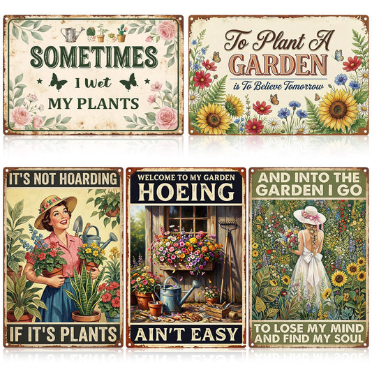 Shejdgart Garden Sign Outside Decor - 5 Pcs Funny Metal Signs for Home Greenhouse Wall Yard Outdoor Decorations, Unique Vintage Gardening Gifts for Women Plant Lovers Gardeners 8 x 12 Inch