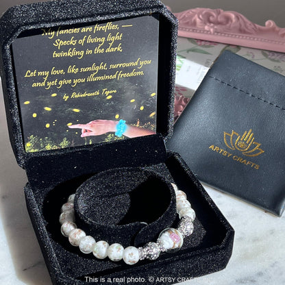 ARTSY Crafts Glow in the Dark Firefly Beads Bracelet for Women, Luminous Glass Beads Healing Crystal Glowing Beaded Bracelets, Mermaid Bracelet, Stretch Stackable Bangle Wristband (White)