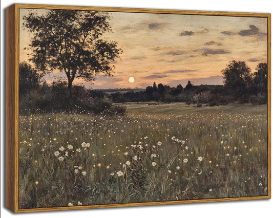 Framed Rustic Farmhouse Wildflowers Wall Art Vintage Wildflower Field Landscape Painting Retro Country Sunset Prints Wall Decor Classical Flower Landscape Painting for Living Room Bedroom 12x16 Inch