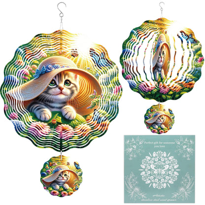 Wind Spinner Hanging Outdoor Decor, 12 Inch 3D Cute Cat Metal Kinetic Wind Spinners for Garden Yard Patio, Stainless Steel Laser Cut Art Gifts for Women Cat Lovers Outdoor Decorations