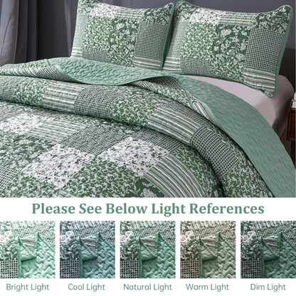 Mybedsoul Green Boho Queen Quilt Set, 3-Piece Reversible Soft Plaid Floral Bedding Set with 2 Pillow Shams - Sage Green Queen Size Quilt Bedspread Coverlet Set 90” x 96”