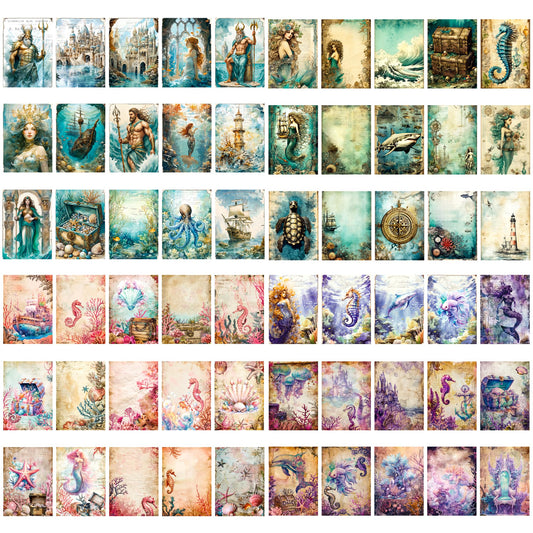 Yoksas 120 Sheets Vintage Mythology Fantasy Sea Ocean Scrapbook Paper - Mermaid Seahorse Corals UnderSea Junk Journals Decorative Cardstock for Posters,Card Making,Crafts Paper
