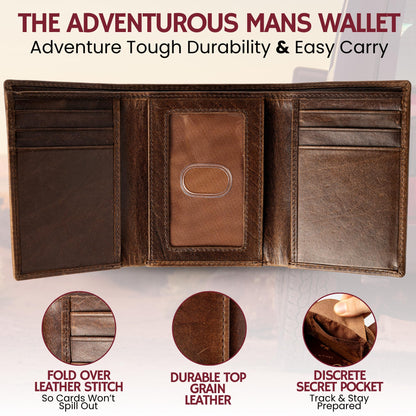 BULL GUARD Leather Trifold Wallets For Men In Grizzly Brown with ID and RFID Blocking Great For Work, Sports, Outdoors, No Logo Design