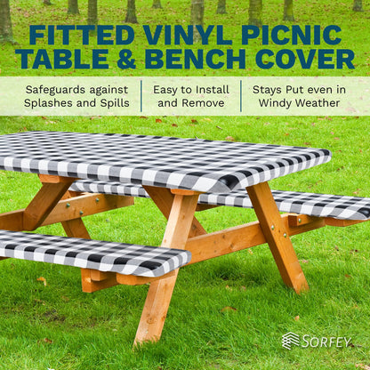 Sorfey Picnic Table Cover with Bench Covers -Fitted with Elastic, Vinyl with Flannel Back, Fits for Table 30"x 60" Rectangle,Water Proof, Solid Yellow Design