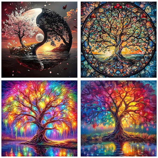 mrpwnle 4 Pack Tree of Life Diamond Art Kits for Adults - Tree of Life Diamond Painting Kits for Adults Beginners, 5D Round Full Drill Diamond Art Dots Gem Art Kit for Home Wall Decor 12x12in