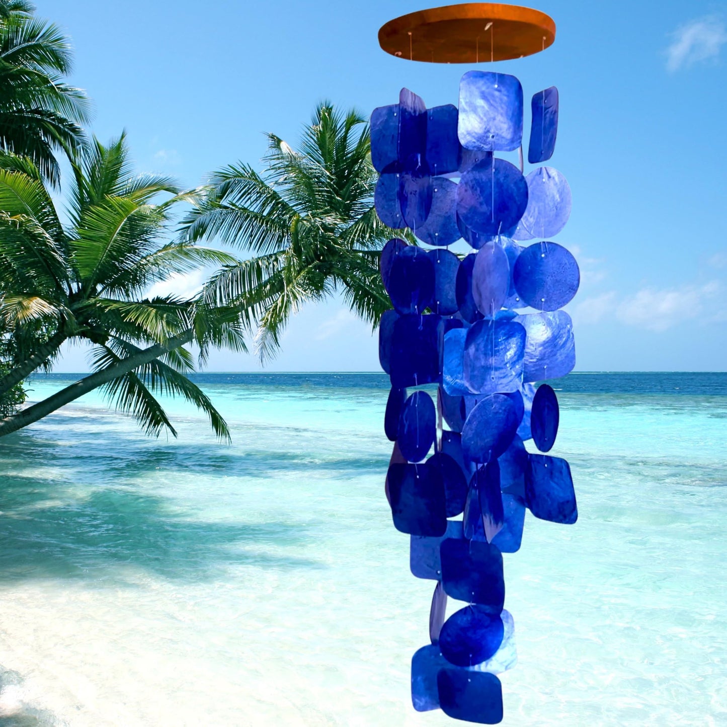 Bellaa 27918 Wind Chimes Outdoor, Garden Decorations, Musical, Indoor/Outside Windchimes, Beach, Ocean Breeze, Gifts for Mom, Gift for All Occasions, Capiz Sea Glass Shells Wood Blue 27 inch