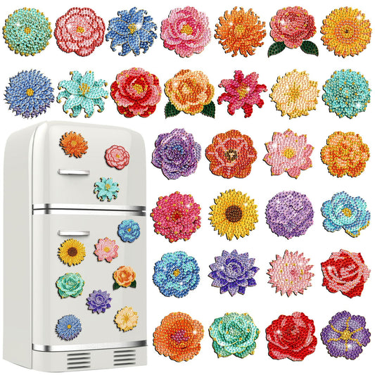 Xuhal 30 Pcs Spring Flower Diamond Painting Magnets Diamond Art Magnet Kits for Adults Colorful Floral Refrigerator Magnetic Sticker 5D Rhinestone Fridge Stickers for DIY Crafts Spring Gifts