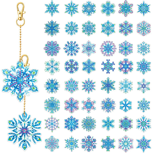 Equsion 50 Pcs Winter Snowflake Diamond Painting Keychains Kit Double Sided Christmas 5D DIY Diamond Art Keychains Hanging Ornament Key Ring Tags Blue Silver Rhinestone Pendant for Party Supplies