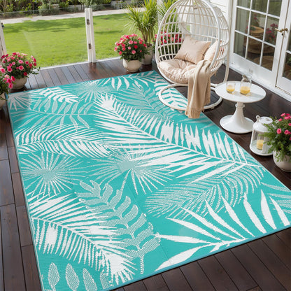 HiiARug Outdoor Rug for Patios Clearance, 6x9 Waterproof RV Rugs for Outside, Reversible Plastic Straw Mat Large Quick Drying Outdoor Rugs for Deck Trailers Campers Porch Beach Backyard,Teal & White