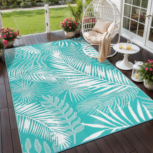 HiiARug Outdoor Rug for Patios Clearance, 6x9 Waterproof RV Rugs for Outside, Reversible Plastic Straw Mat Large Quick Drying Outdoor Rugs for Deck Trailers Campers Porch Beach Backyard,Teal & White