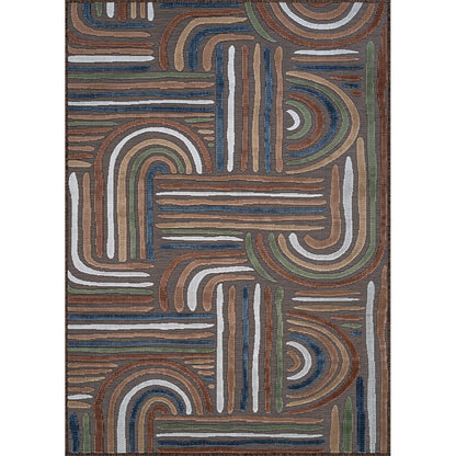 CAMILSON Indoor Outdoor Rug, Brown 8x10 Geometric Arch Striped Area Rugs for Patio and Home Areas, Easy-Cleaning Non-Shedding Living Room, Garden and Deck Washable Outside Carpet (8 x 10)