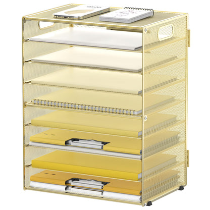 DALTACK 9-Tier Paper Organizer for Desk, Mesh Letter Tray Desk Organizer with Handles, Space-Saving File Organizer for Office Home School, Gold