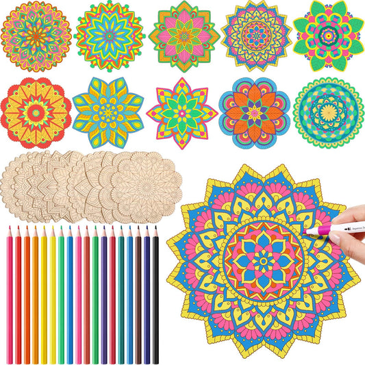 Vercraft 28 Pcs Wooden Mandala Painting Set Diwali Crafts Include 10 Unfinished Wood Cutouts with 18 Colored Pencil for Making Kit Mandala Crafts for Painting DIY Home Decors(Floral Style)