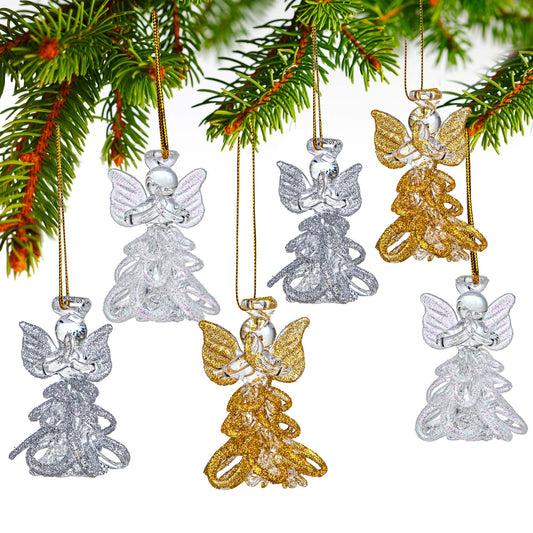 6pcs Glass Angel Ornaments Spun Angels Christmas Tree Ornaments 2.1" Colorful Mini Hanging Guardian Angel for Christmas Season Holiday Decor