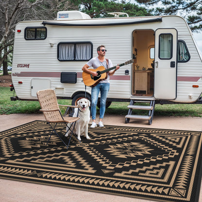 GENIMO Outdoor Rug for Patio Clearance - 5x8 ft Waterproof Plastic Camping Rugs, Reversible Outside Rv Mat Carpet for Porch, Deck, Picnic, Balcony, Beach, Backyard, Black Brown