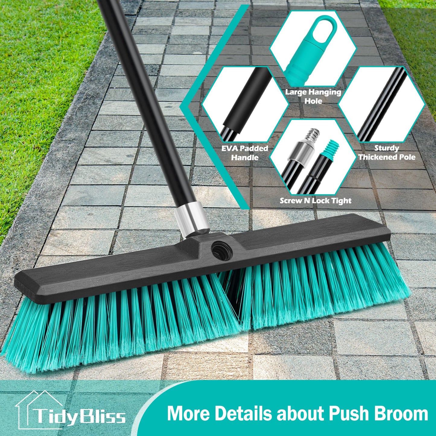 TidyBliss 18” Push Broom Outdoor Heavy Duty 3 Pack, Large Commercial Stiff Bristle Brush with 63 inches Long Handle for Garage Shop Garden Yard Patio Deck Street Warehouse Lawn Driveway (Green)