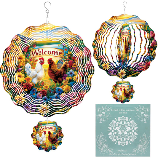 Chicken Wind Spinner Outdoor, Farmhouse Gift for Mom Women, Hanging Metal Wind Catcher with 3" Rooster Center Pendant, 12" 3D Stainless Steel Kinetic Art for Garden Yard