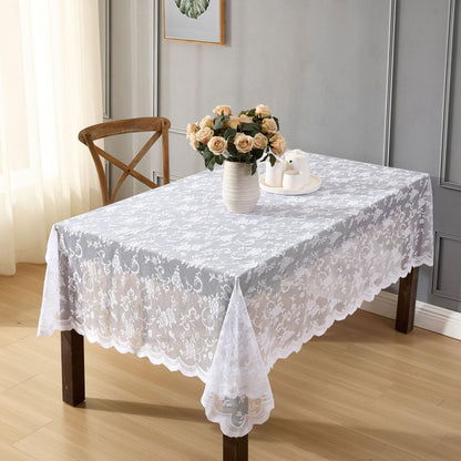 HLC.ME Harper Floral Lace Fabric Tablecloth, Lace Fabric Table Cloth for Rectangle Tables, Wrinkle Resistant Tablecloth, Patterned Scalloped Tablecloth (60 W x 84 L, White)