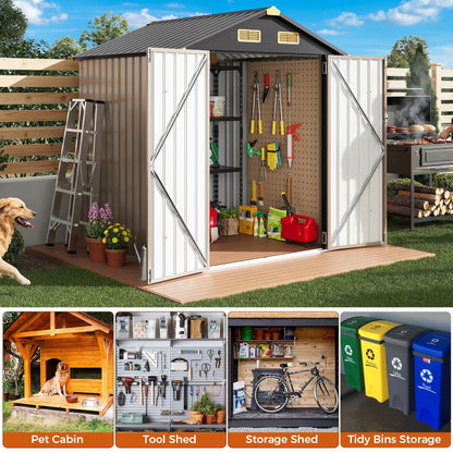 IRONCK 5.7x5.7FT Outdoor Storage Shed, Metal Garden Tool Shed with Breathable Vent and Lockable Doors, Outside Storage for Backyard, Poolside, Patio, Brown