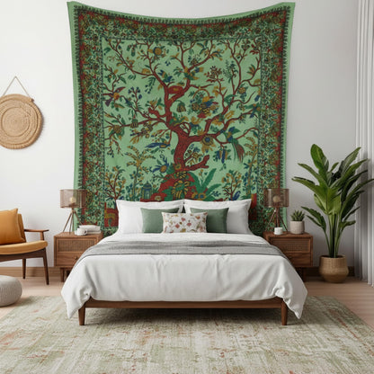 Craft Trade Indian Cotton Mandala Wall Hanging Tree of Life Tapestry for Aesthetic Boho Hippie Living Room, Meditation & Bedroom Décor (Green, 54x84 Inches)