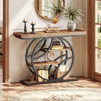 Huuger 41.3 Inch Entryway Table, Industrial Console Sofa Table with Storage, Accent Table with Shelves, for Entry, Hallway, Entrance, Foyer, O-Shaped Metal Frame, Rustic Brown
