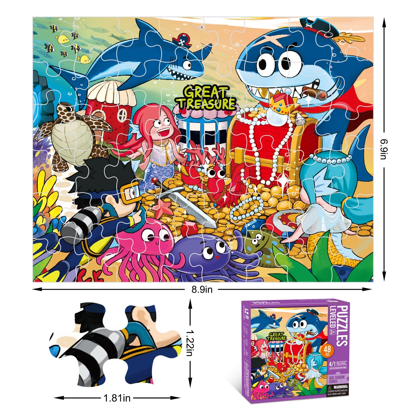 Underwater Ocean Puzzles for Kids Ages 3-8，4 Pack Progressive Jigsaw Puzzles (24/30/35/48 Pieces) for Toddlers & Children，Educational Floor Puzzles for Gifts