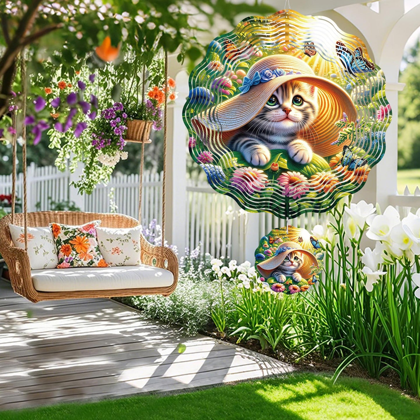 Wind Spinner Hanging Outdoor Decor, 12 Inch 3D Cute Cat Metal Kinetic Wind Spinners for Garden Yard Patio, Stainless Steel Laser Cut Art Gifts for Women Cat Lovers Outdoor Decorations