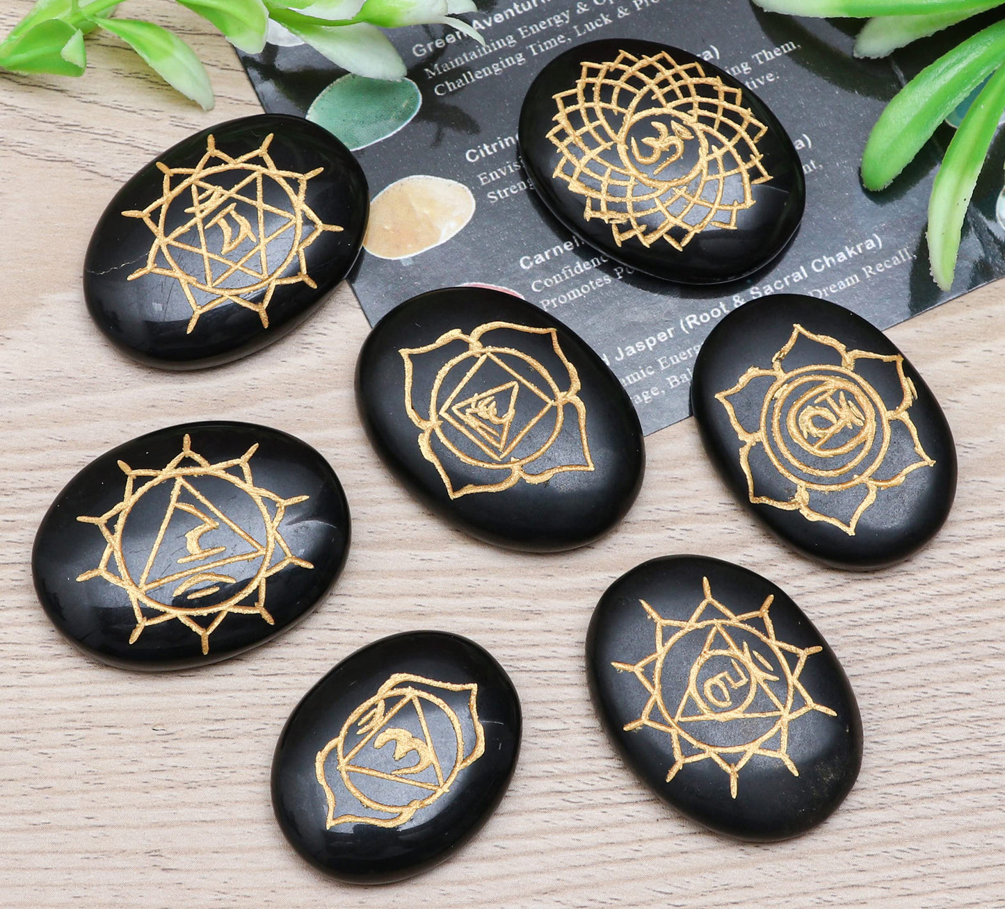 Crocon Black Agate Gemstone 7 Pcs Engraved Oval Shape 7 Chakra Symbol Stones for Reiki Healing Chakra Stone Balancing Crystal Cleansing Spiritual Money Good Luck Gift Home Decor Size: 20-25 mm