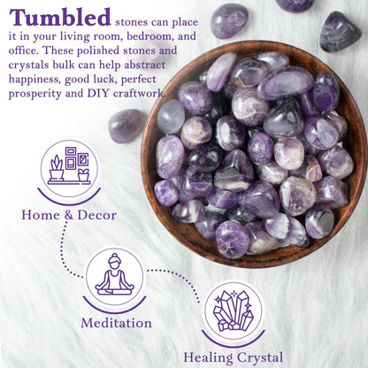 Crocon® 1LB Amethyst Tumbled Stones and Crystals Bulk 2000+ carats, Polished Stones Rock Collection vase Filler tumbles Crystals Healing Reiki Gemstone Gifts, Fountain tumbles Size 20 mm