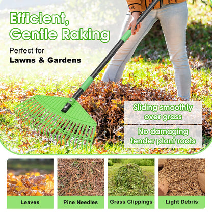 Garden Leaf Rake,16.5” Plastic Leaf Rake for Lawn,Unbreakable Nylon Head, No Harm to Lawn Grass,Yard Raking Tools for Turf Leaves Thatch Debris Pine Needle Cleanup, Lightweight for Kids Seniors