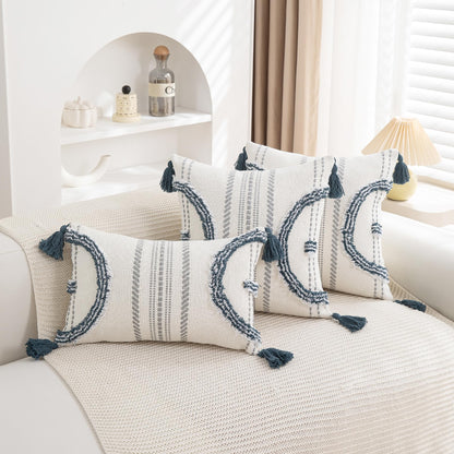Boho Throw Pillow Covers 18x18 Set of 2 Cotton Woven Tufted Farmhouse Pillows Covers with Tassels Outdoor Neutral Navy Decorative Pillowcases Square Textured Accent Cushion Cases for Couch Bed Sofa