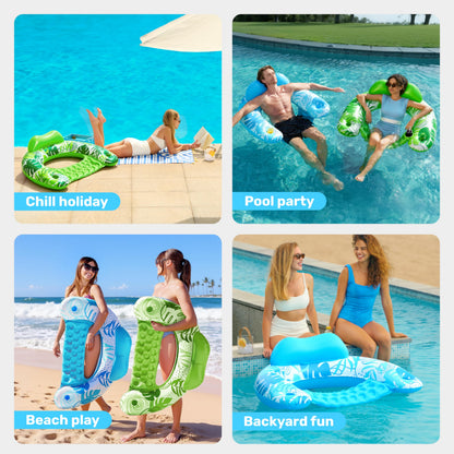 SLOOSH Inflatable Pool Floats Adult,2 Pack Pool Chairs with Cup Holders,X-Large Blow up Floats Chair,Hammock Noodle Mat Leaves Design for Relaxing Summer Water Fun Swimming Party Beach,Blue,Green