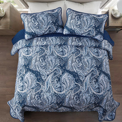 DJY Navy Paisley Quilt Set King Boho Bedspread Coverlet Set 3 Pieces, Soft Lightweight Microfiber Navy Blue Paisley Floral Pattern Bedding for All Season, 110"x90"