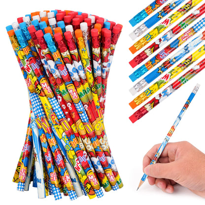 Kolewo4ever 200 Pieces Hero Text Pencils Cylinder Wood Pencils Pow Snap Wham Bang Elements Pencil 4 Style Assorted Students Pencil for Classroom Rewards Carnival Prizes