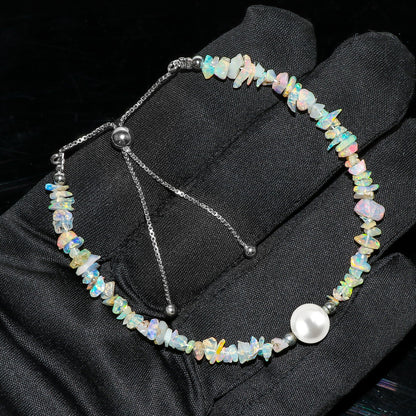 Crystals for Calm - Natural Ethiopian Opal Beads Slider Bracelet with Elegant Pearl, High Grade Nuggets Crystal, Chakra Healing Gemstone, Gift Giving Women Jewelry, Silver Plated Slider 10 inch