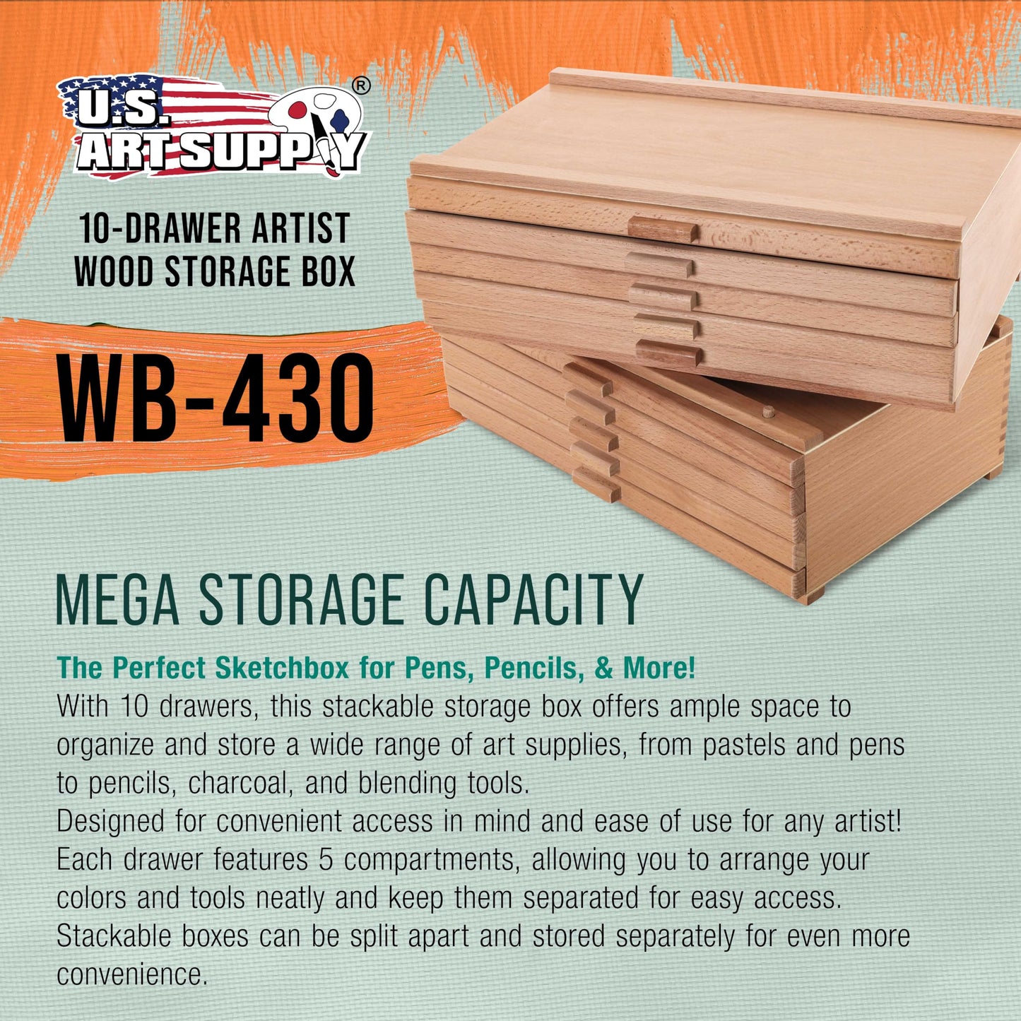 U.S. Art Supply 10-Drawer Artist Tool Supply Box with 5 Compartments per Drawer - Hardwood Art Box for Artist Supplies, Brushes, Pencils, Erasers, Tool Storage Organizer Case