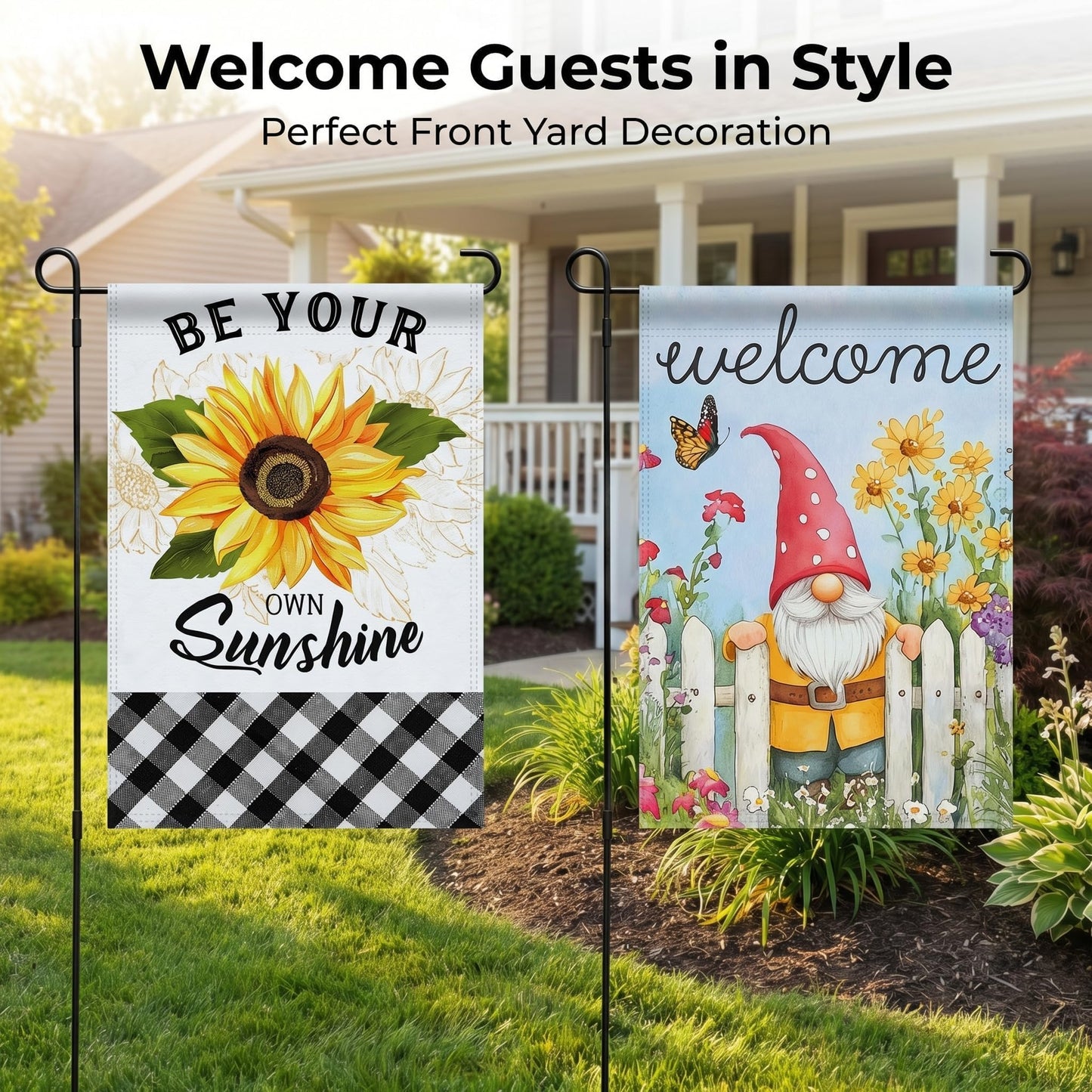 Topadorn Suede Garden Flag Stand Set with 2 Suede Double-Sided 12x18 Inch Flags – Metal Holder Pole Stake for Yard, Patio, Lawn Outdoor Decor(Flower)