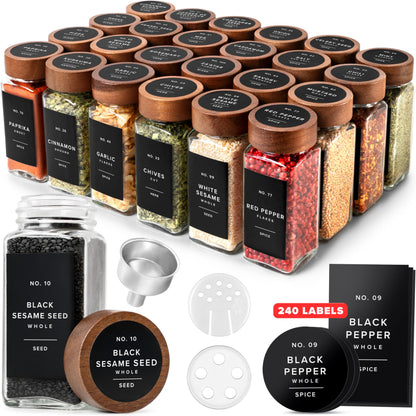EDELHAUS® Square Spice Jars with Acacia Wooden Lid (Pack of 24) Spice Jars with Shaker Insert and 240 Labels - Acacia Lids Glass Container for Spice Organisation [4.3 in × 1.8 in]