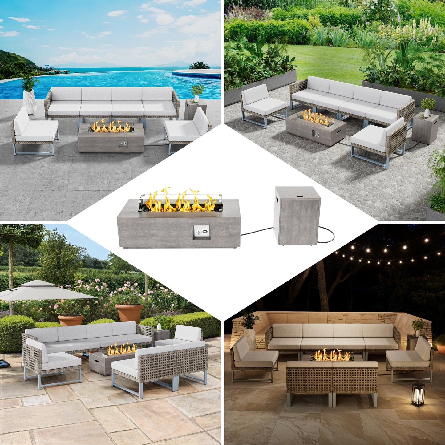SUNPEAK 42" Rectangular Propane Fire Pit – 50,000 BTU Fire Table with Wind Guard Glass, Lid, Rocks and Cover – Backyard Fire Pits Outdoor – Propane Gas Fireplace for Deck or Patio (Grey, 42" Standard)