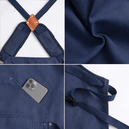 Tosewever Work Aprons for Men with Large Pockets, Canvas Cross Back Heavy Duty Adjustable Tool Aprons for Chef Cooking BBQ (Blue)