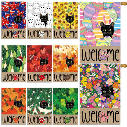 Seasonal Garden Flags Set of 11, Double Sided 28 x 40 Inch Black Cat House Flags, Large Flags for Outside, Spring Summer Easter Independence Day Outdoor Flags, Welcome Holiday Garden Flags for All Seasons