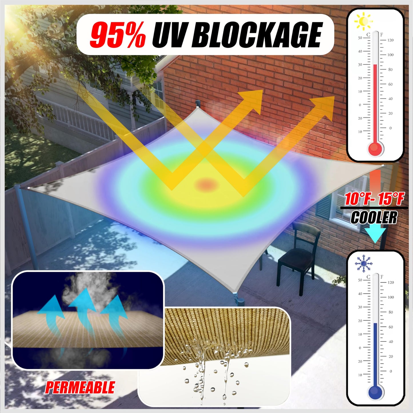 ColourTree 16' x 16' x 22.6' Beige Sun Shade Sail Right Triangle CTSLRT16 - Canopy Mesh Fabric UV Block UPF50 - Commercial Heavy Duty - 190 GSM - 3 Years Warranty (We Make Custom Size)