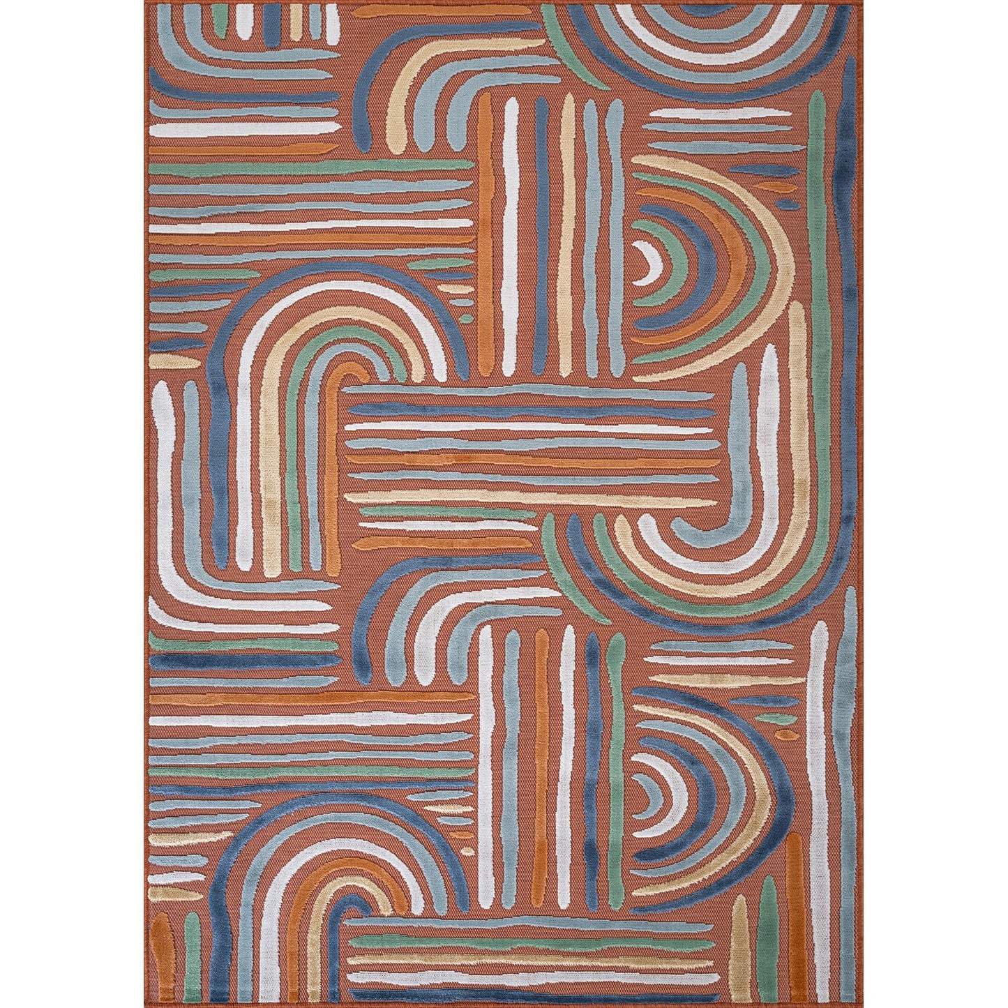 CAMILSON Indoor Outdoor Rug, Orange 6x9 Geometric Arch Striped Area Rugs for Patio and Home Areas, Easy-Cleaning Non-Shedding Living Room, Garden and Deck Washable Outside Carpet (6 x 9)