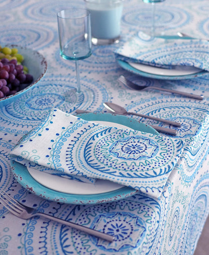 Newbridge Set of 4 Square Fabric Napkins, Blue Circle Stitch, Indoor Outdoor No Iron Soil Resistant Dining Room, Party and Banquet Napkins, Blue Modern Boho Chic Print