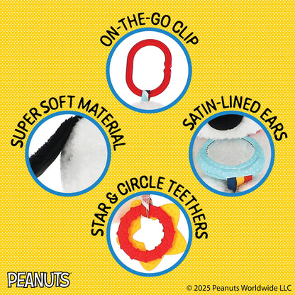 Kids Preferred Peanuts Snoopy Activity Toy - Jingle, Mirror, Teethers, Crinkle, Ribbons, Crinkle, Satin Accents, Soft Plush, On-The-Go Clip, 12 in
