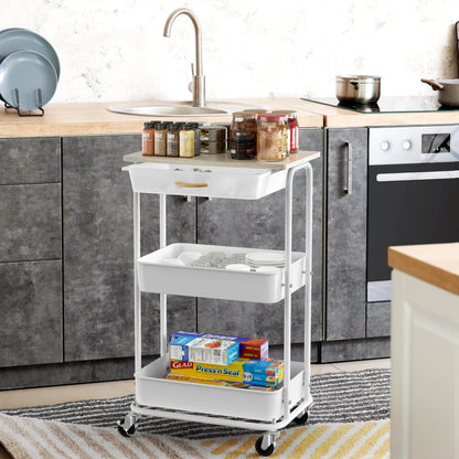 Simple Houseware 3-Tier Rolling Utility Cart with Drawer & Wood Tabletop - Mobile Sofa Side Table, Nightstand, Slim Storage Organizer Trolley for Bedroom, Bathroom, Office & Art Supplies, Maple