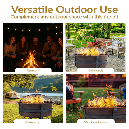 Sunnydaze 29-Inch Wood-Burning Outdoor Fire Pit - Bronze Cauldron Wood Fire Pit for Outside - Includes Poker and Spark Screen